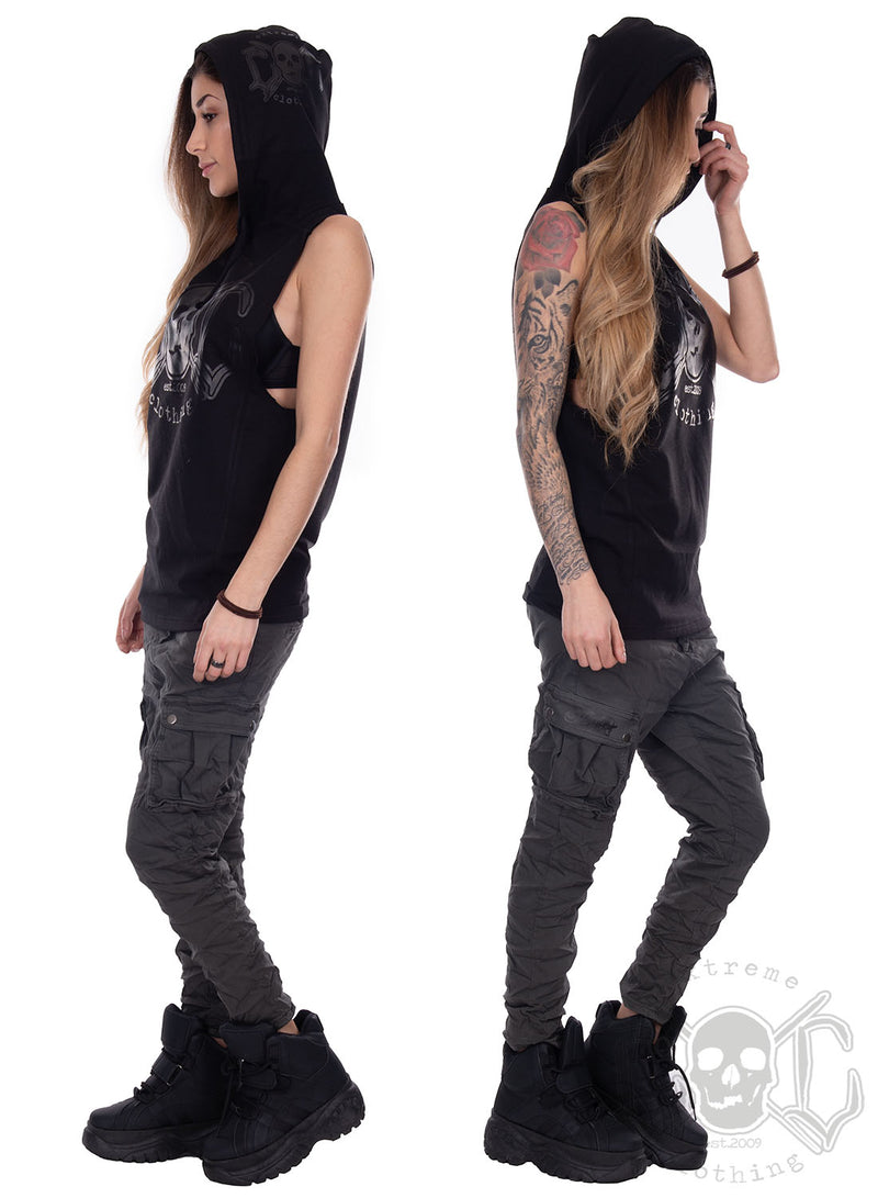 eXc - Sleeveless Unisex Muscle Hoodie, Black on Black